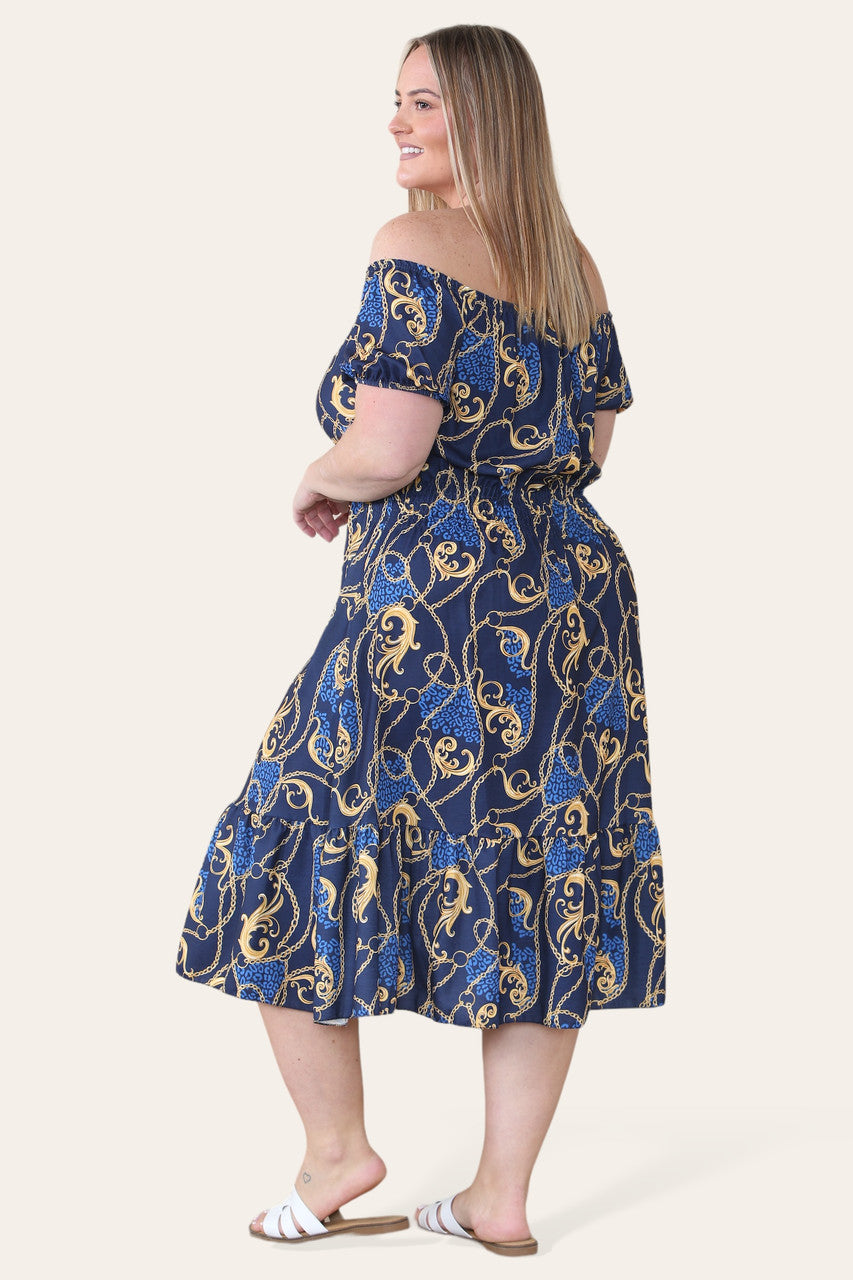 BAROQUE CHAIN PRINT MIDI DRESS NAVY
