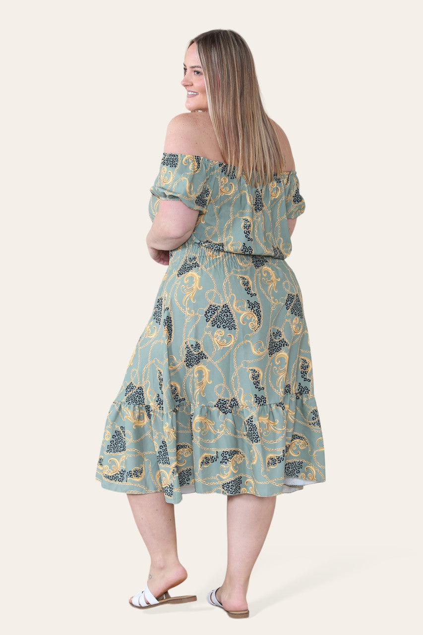 BAROQUE CHAIN PRINT MIDI DRESS KHAKI