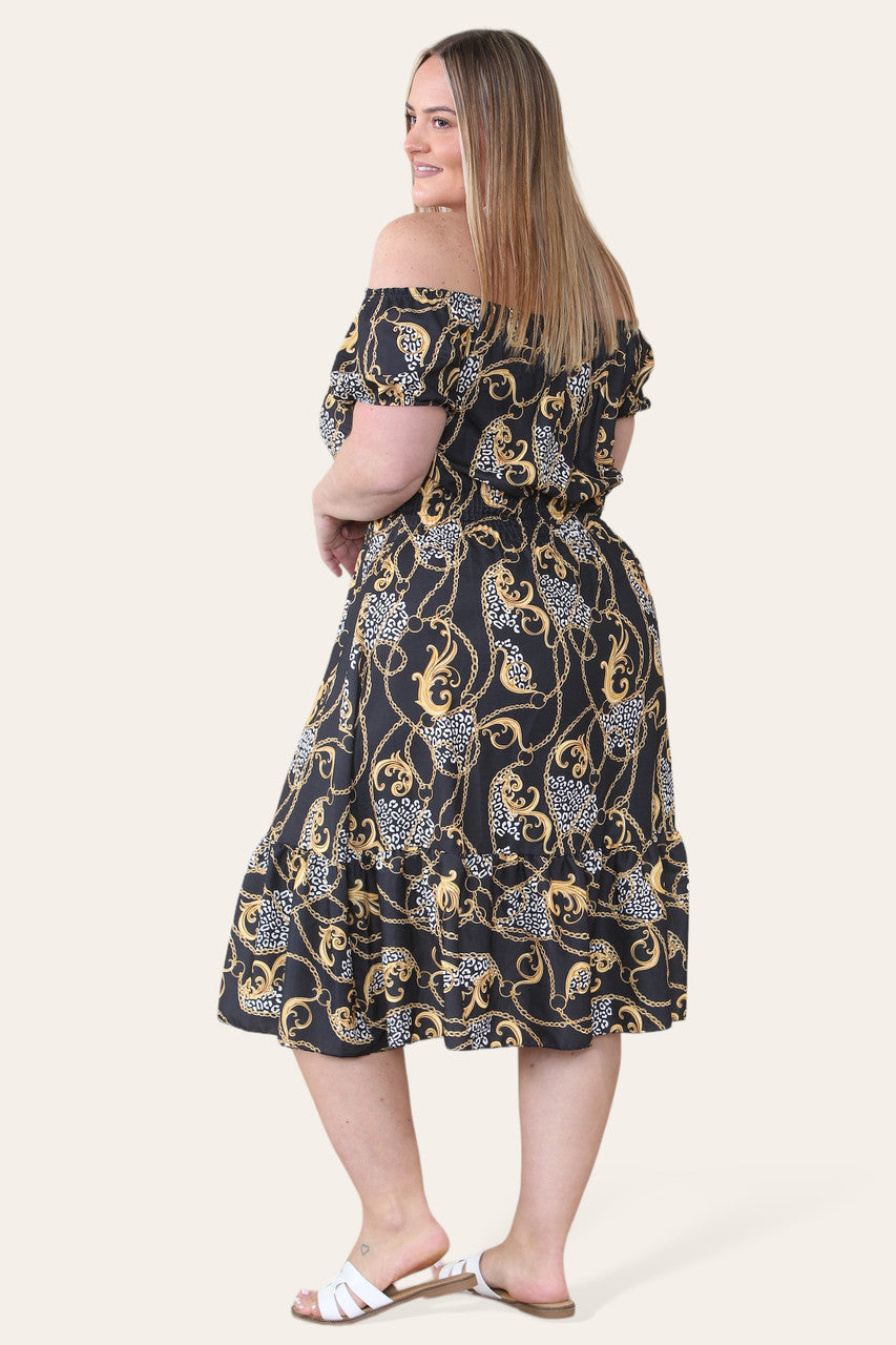 BAROQUE CHAIN PRINT MIDI DRESS BLACK