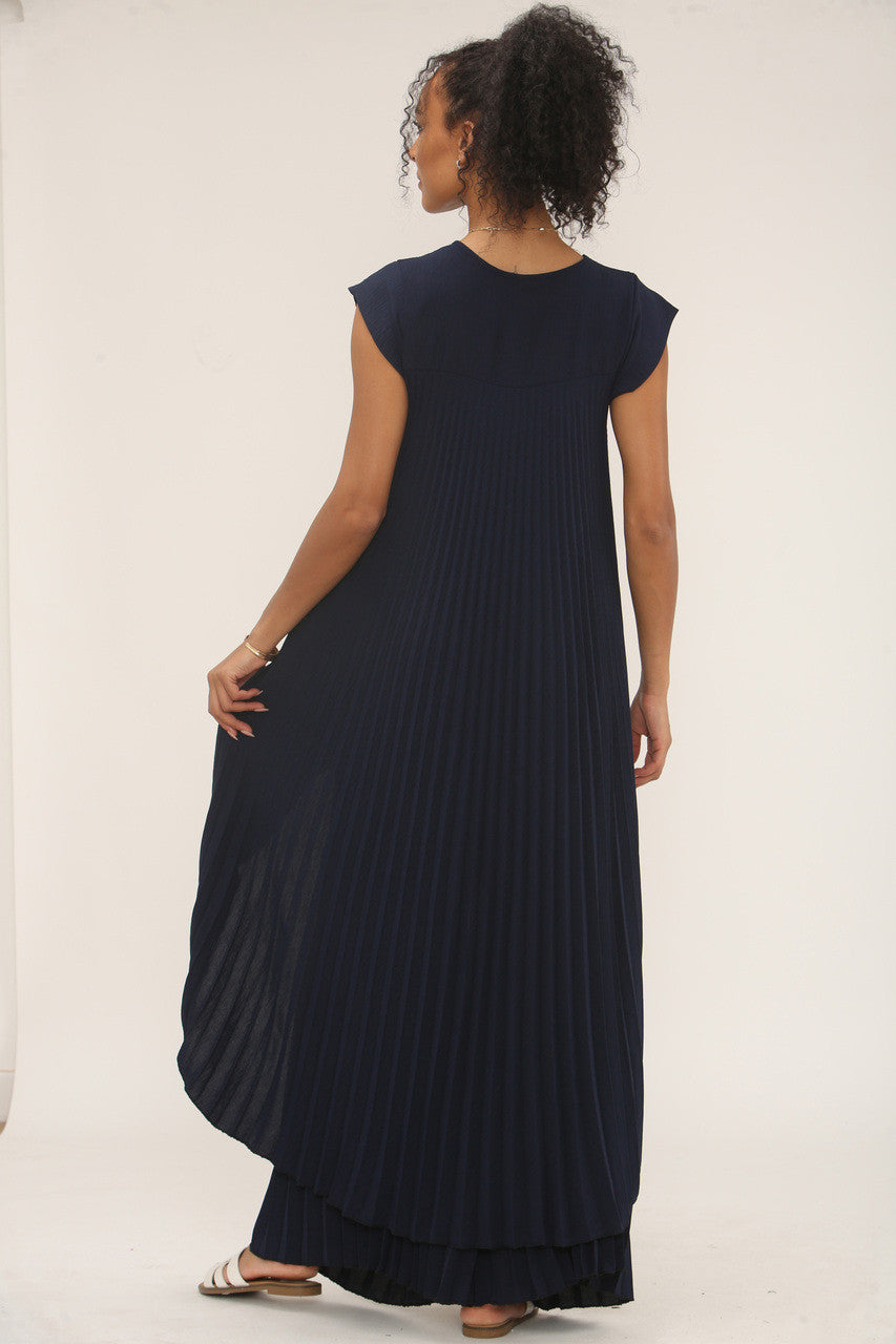 GEPLOOIDE CO-ORD SET TOP & BROEK MET WIJDE PIJPEN - NAVY