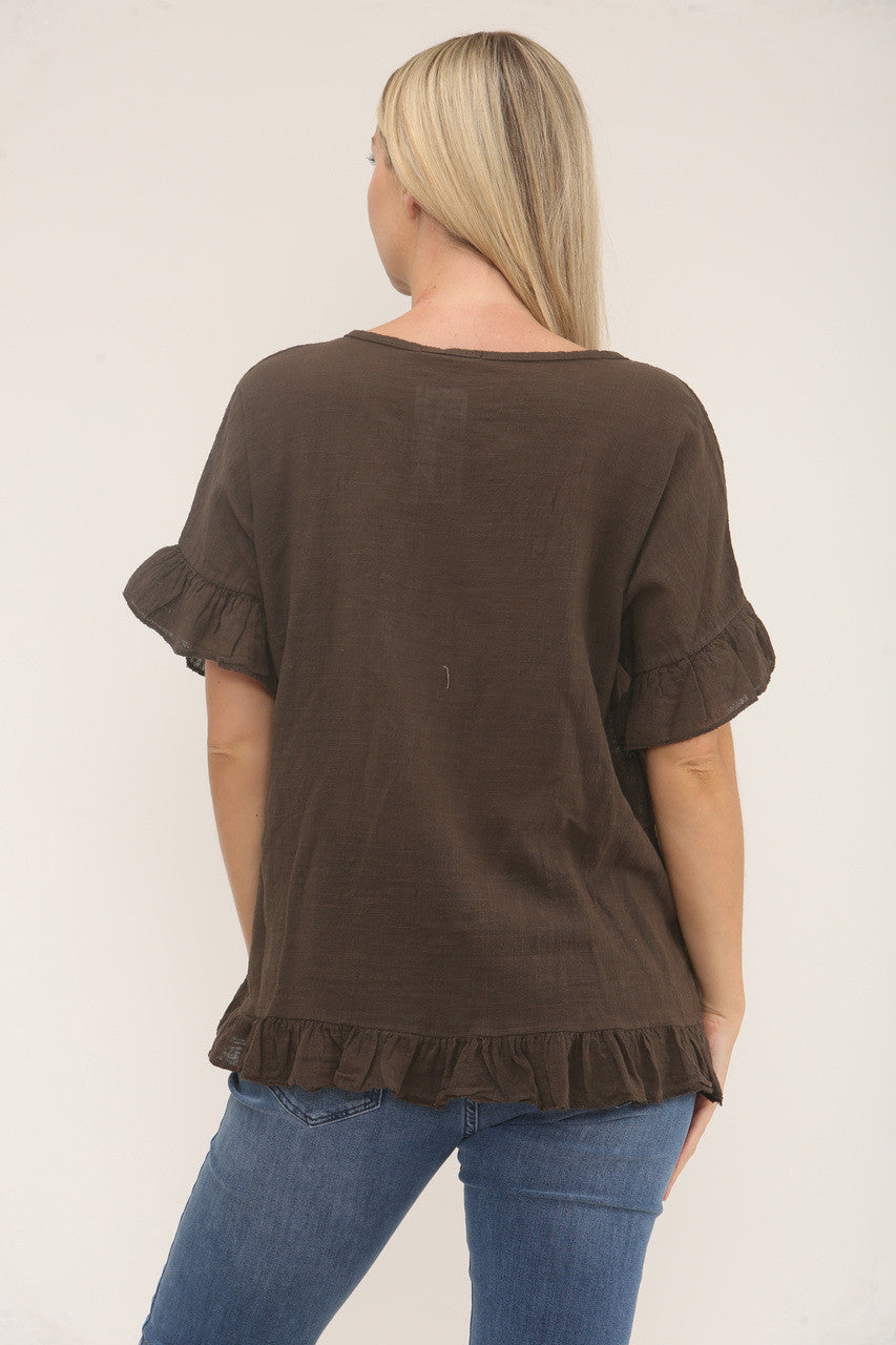 TOP MET RUFFLE MOUWEN & ZOOM EN TEXTUUR - BRUIN