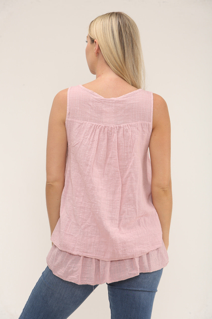 BRODERIE ANGLAISE MOUWLOZE TOP MET PLOOIEN - ROZE