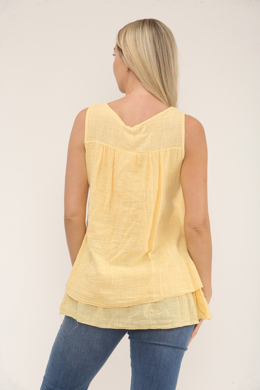 BRODERIE ANGLAISE TIERED SLEEVELESS TOP - BUTTERCUP YELLOW