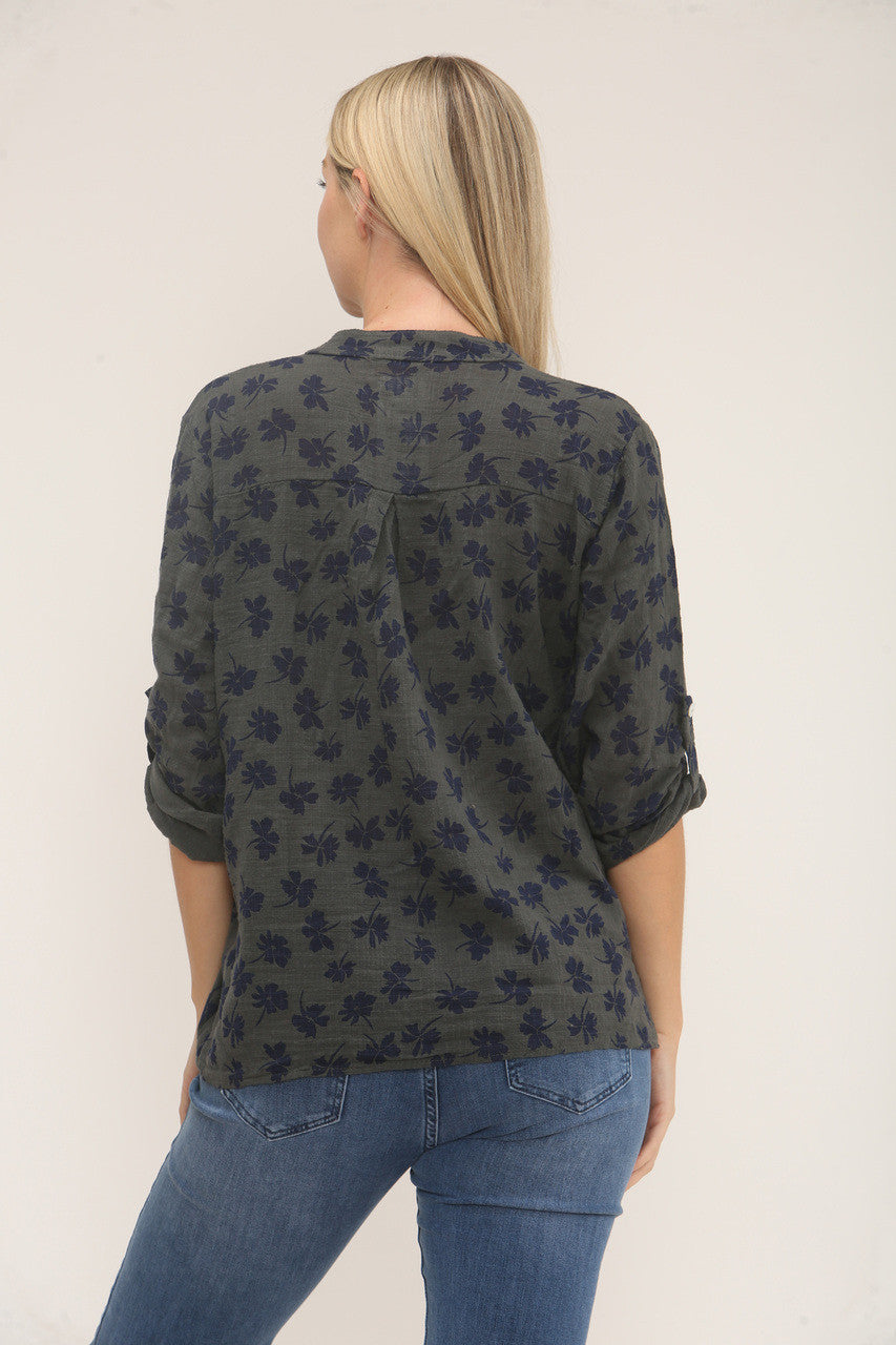 BLOUSE MET BLOEMENPRINT EN TREFOOLS – ANTRACIETGRIJS