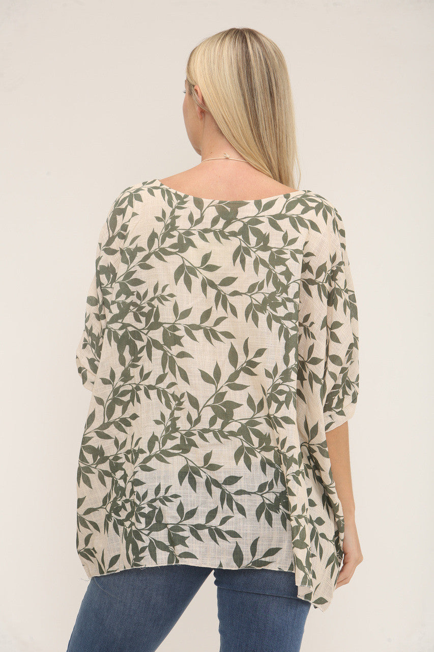 BATWING TOP MET BLAADJESPRINT EN HALSBAND - KAKI