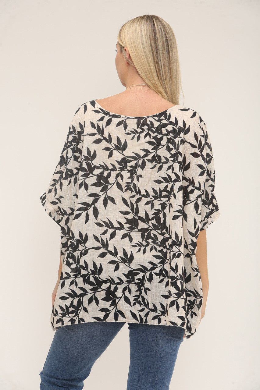 BLADERENPRINT BATWING TOP MET TEXTUUR EN KETTING - ZWART