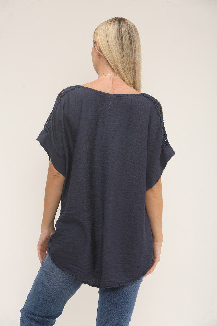 GEHAAKTE TOP MET TEXTUUR EN MOUWEN - MARINEBLAUW