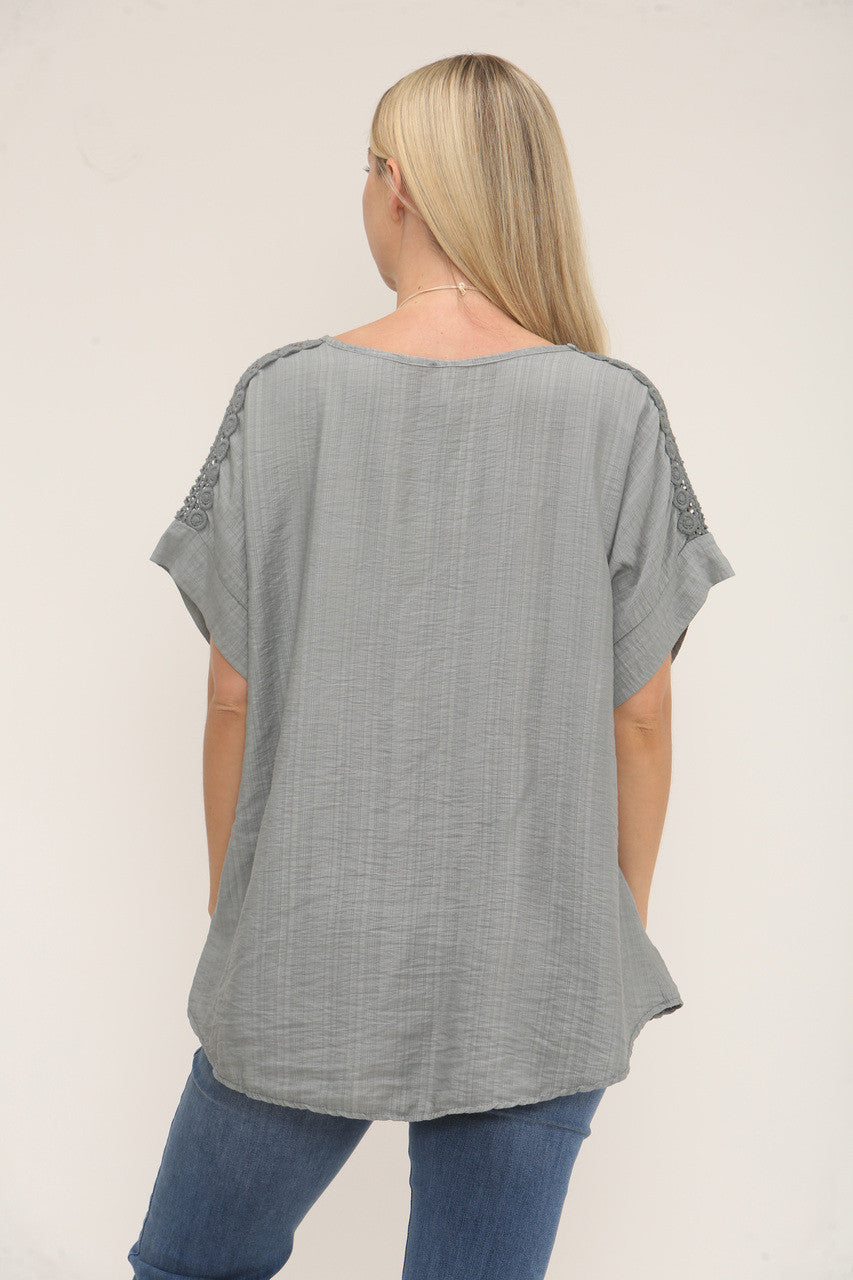 CROCHET SLEEVE TEXTURED TOP - STEEL GREY
