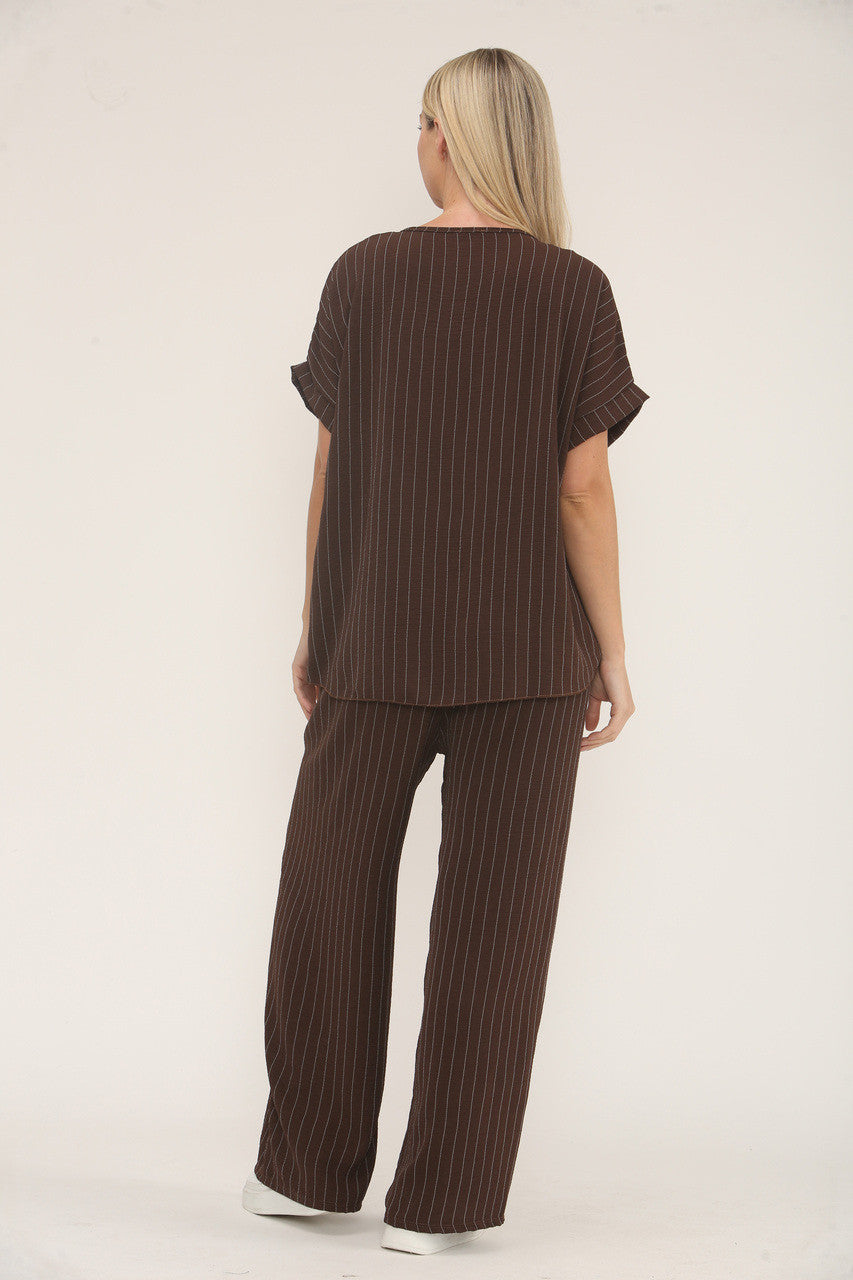 PINSTRIPE PRINT TOP EN BROEK SET - BRUIN