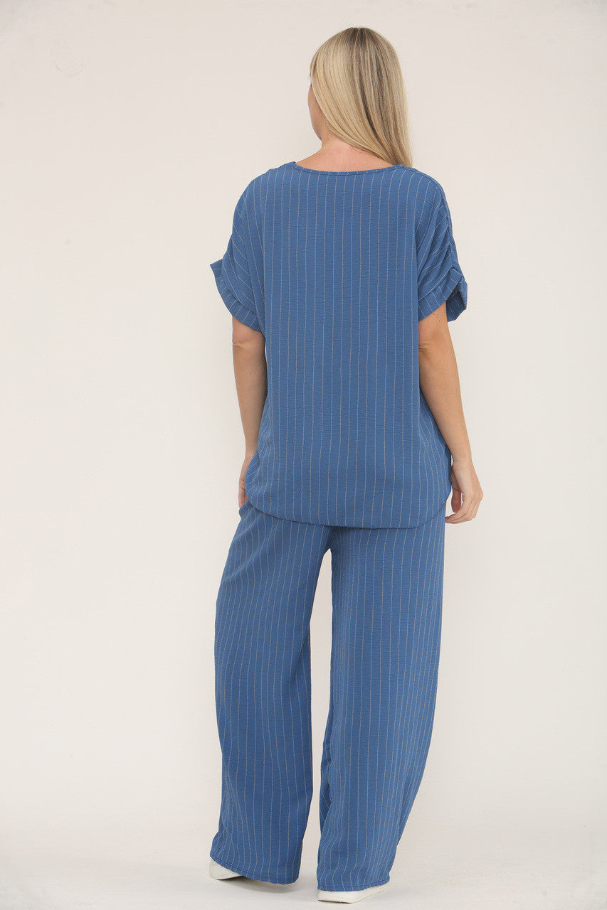 PINSTRIPE PRINT TOP & BROEK SET - DENIM