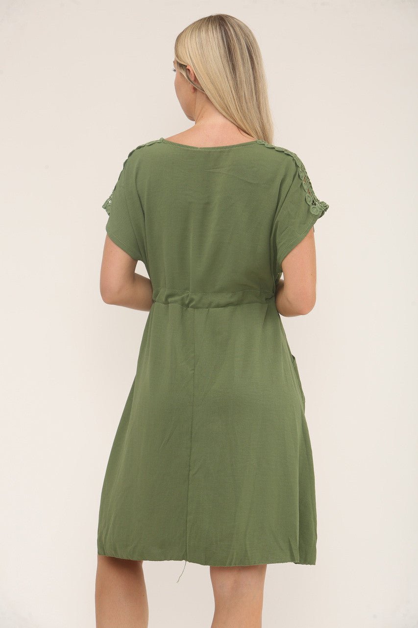 CROCHET SLEEVE DETAIL DRESS - KHAKI