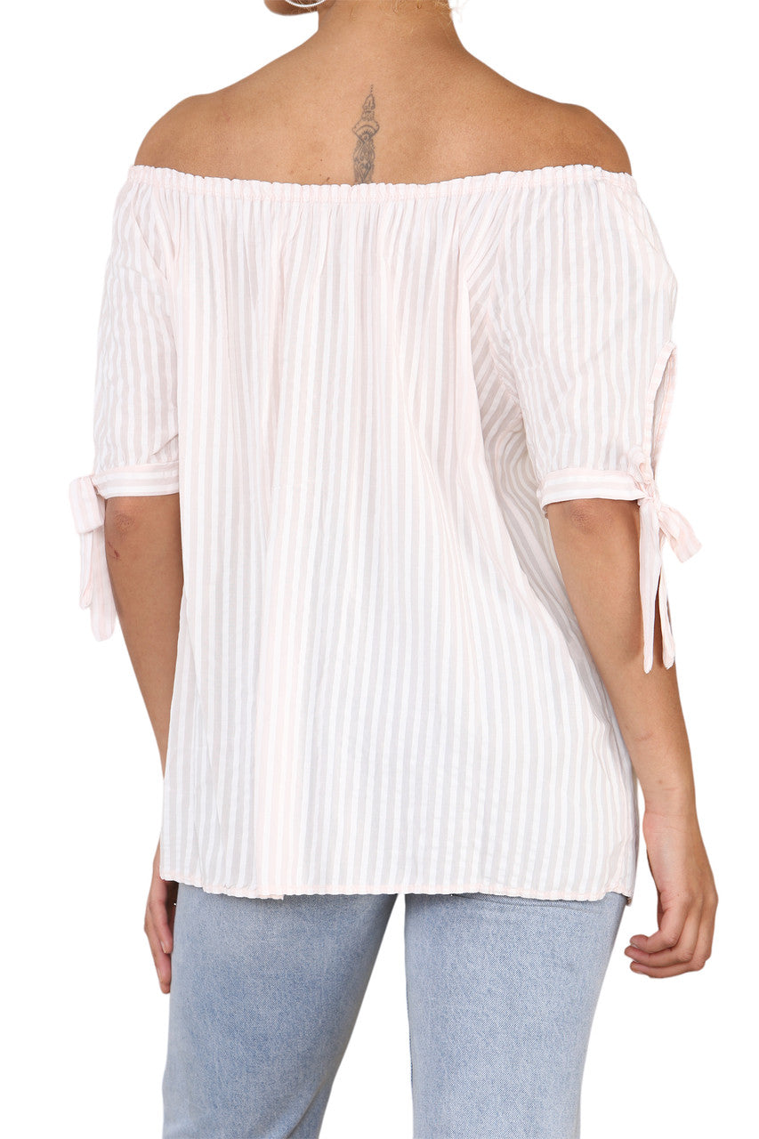 Dames Bardot Off-Shoulder Gestreepte Top Dusty Pink