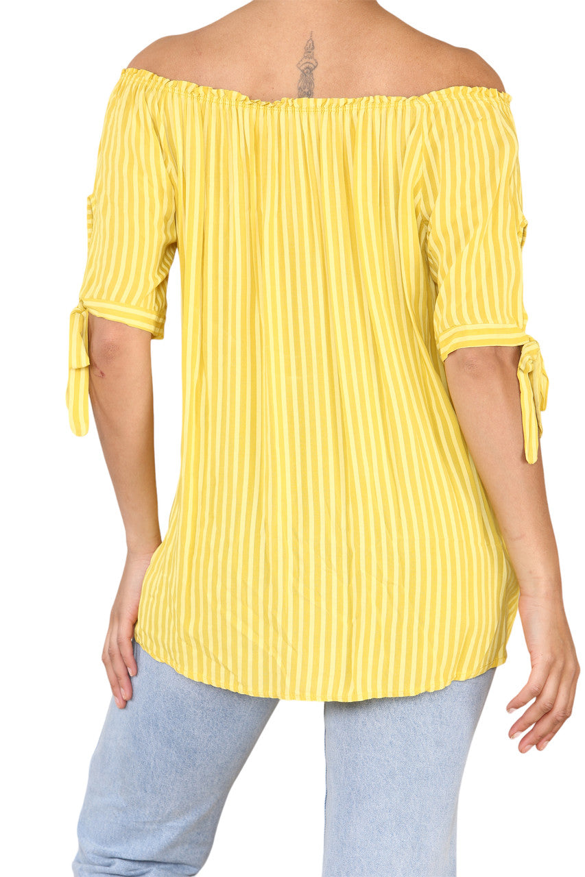 Ladies Bardot Off The Shoulder Stripe Top Yellow