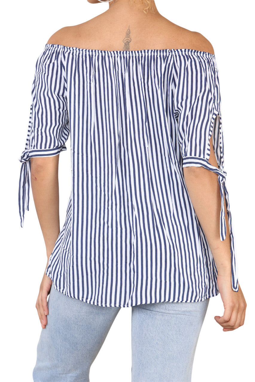 Ladies Bardot Off The Shoulder Stripe Top Navy