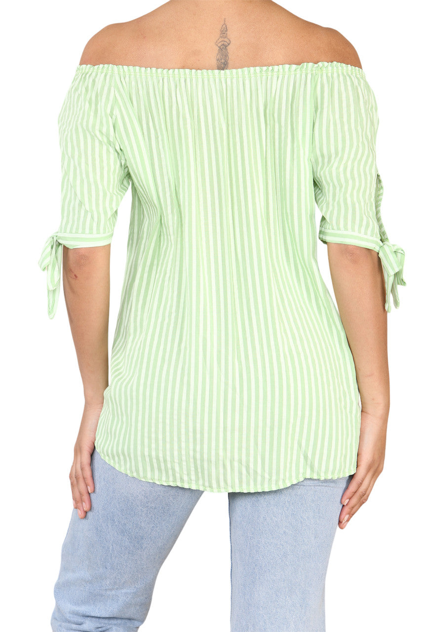Ladies Bardot Off The Shoulder Stripe Top Lime