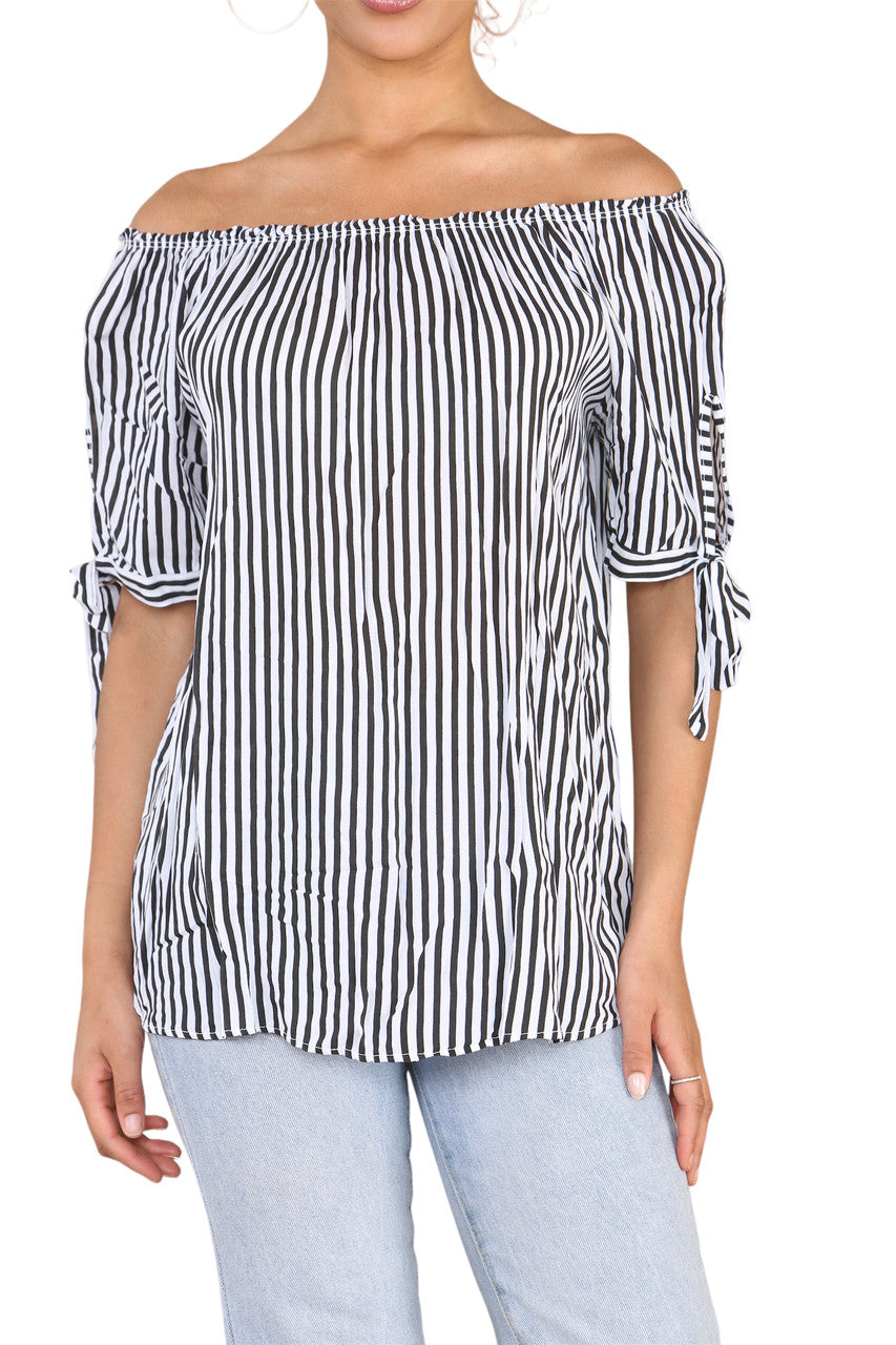 Ladies Bardot Off The Shoulder Stripe Top Black