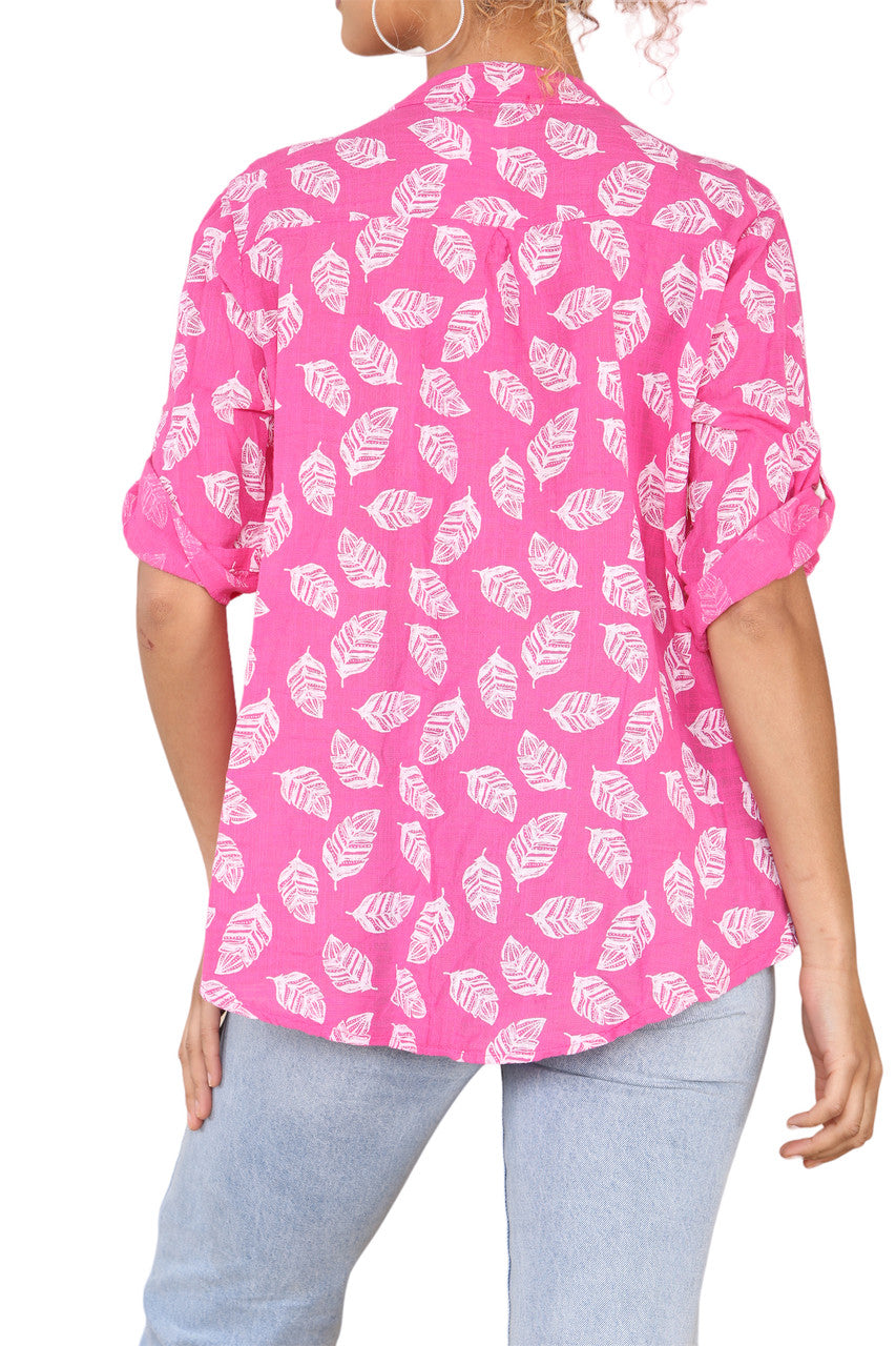 FEATHER PRINT GRANDAD SHIRT CERISE
