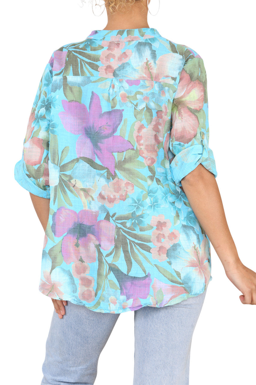 OVERHEMD MET TROPISCHE PRINT EN SPREAD-KRAAG TURQUOISE