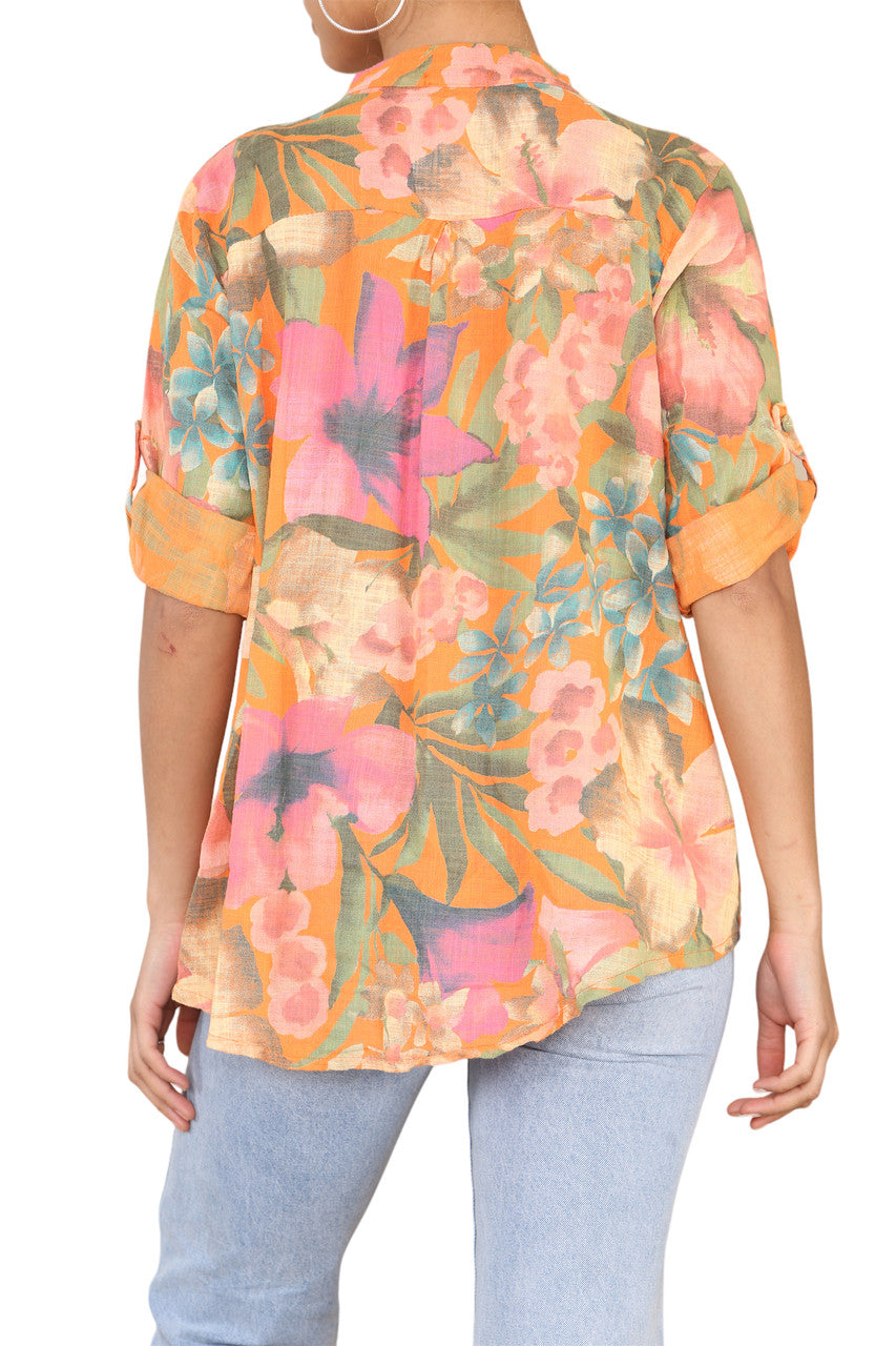 TROPICAL PRINT GRANDAD SHIRT ORANGE
