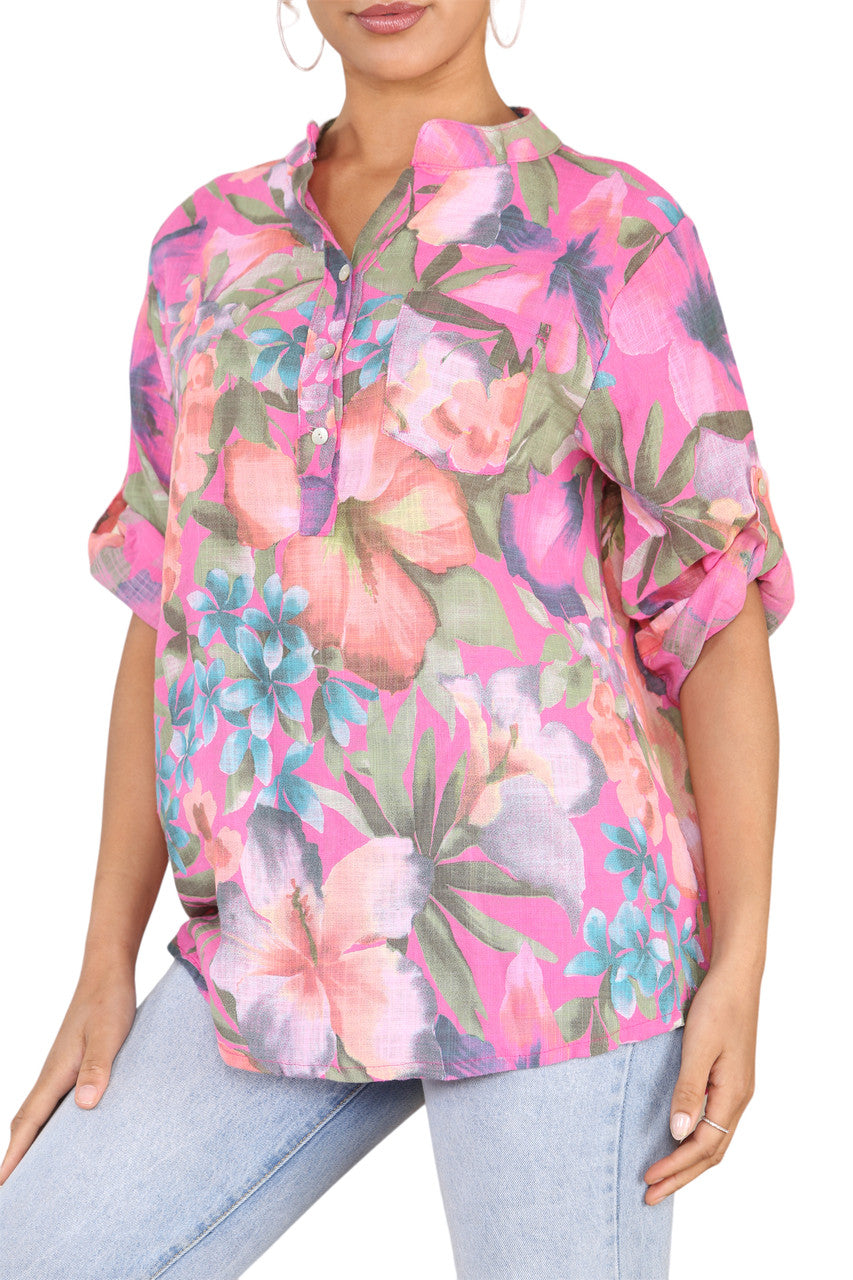 TROPICAL PRINT GRANDAD SHIRT CERISE