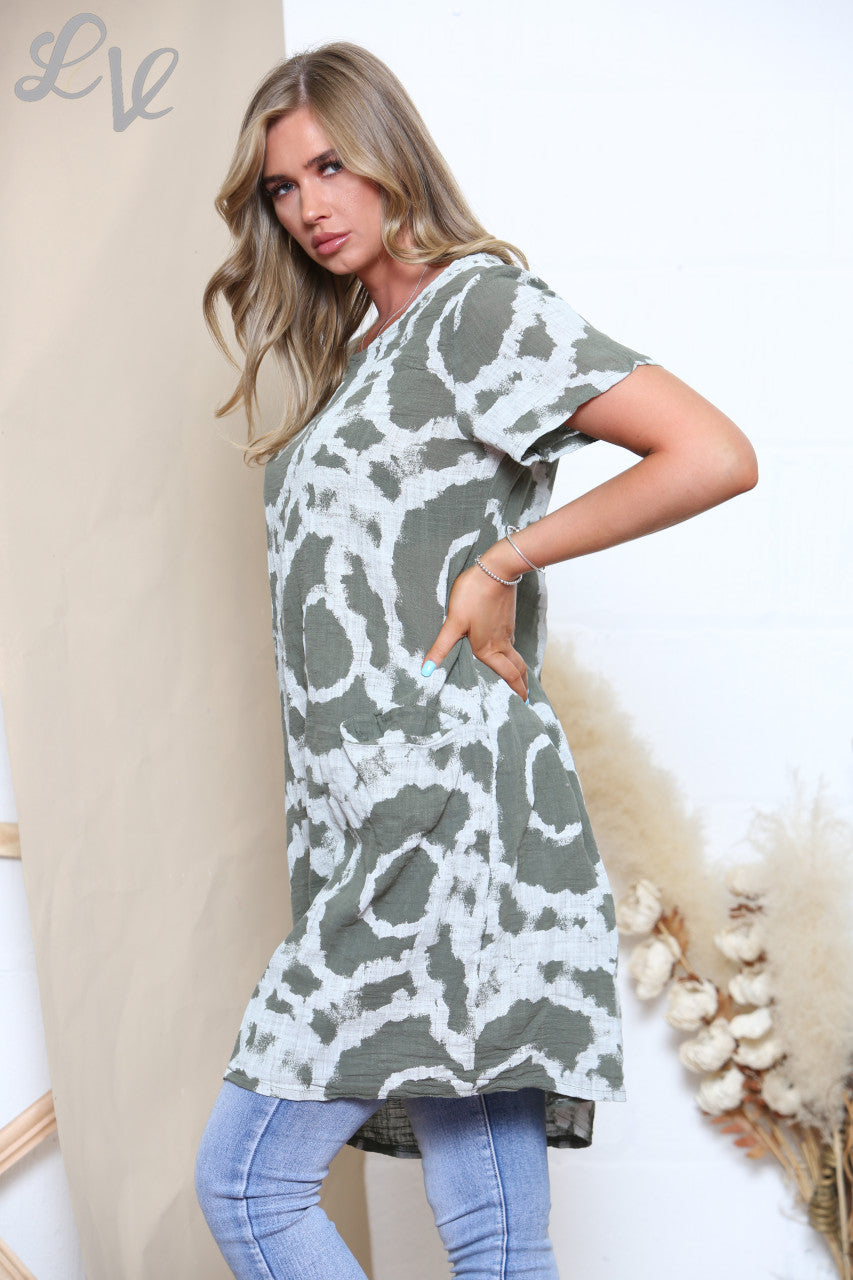 Ladies Tie Dye Circles Print Dress Khaki