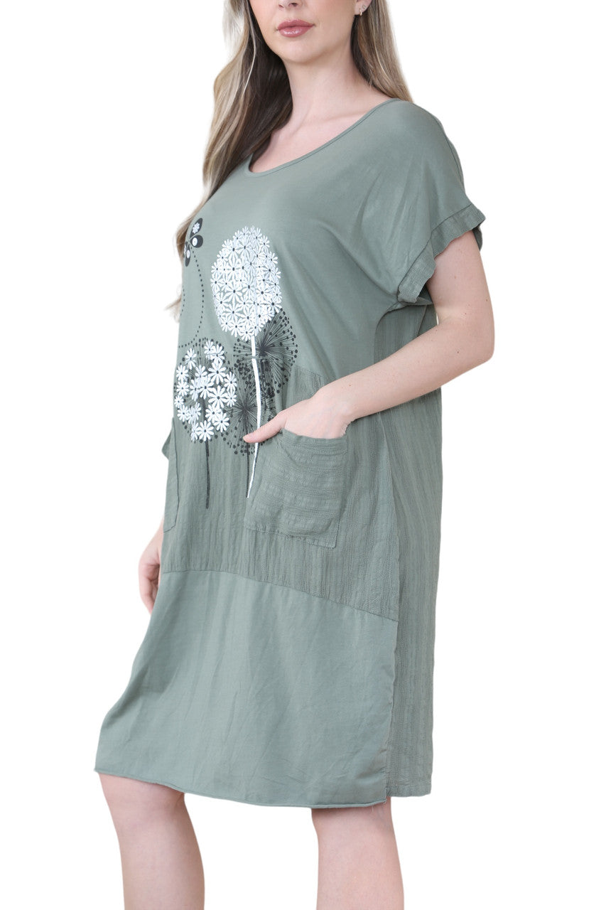 Vlinder Paardenbloem Graphic Midi Jurk Kaki