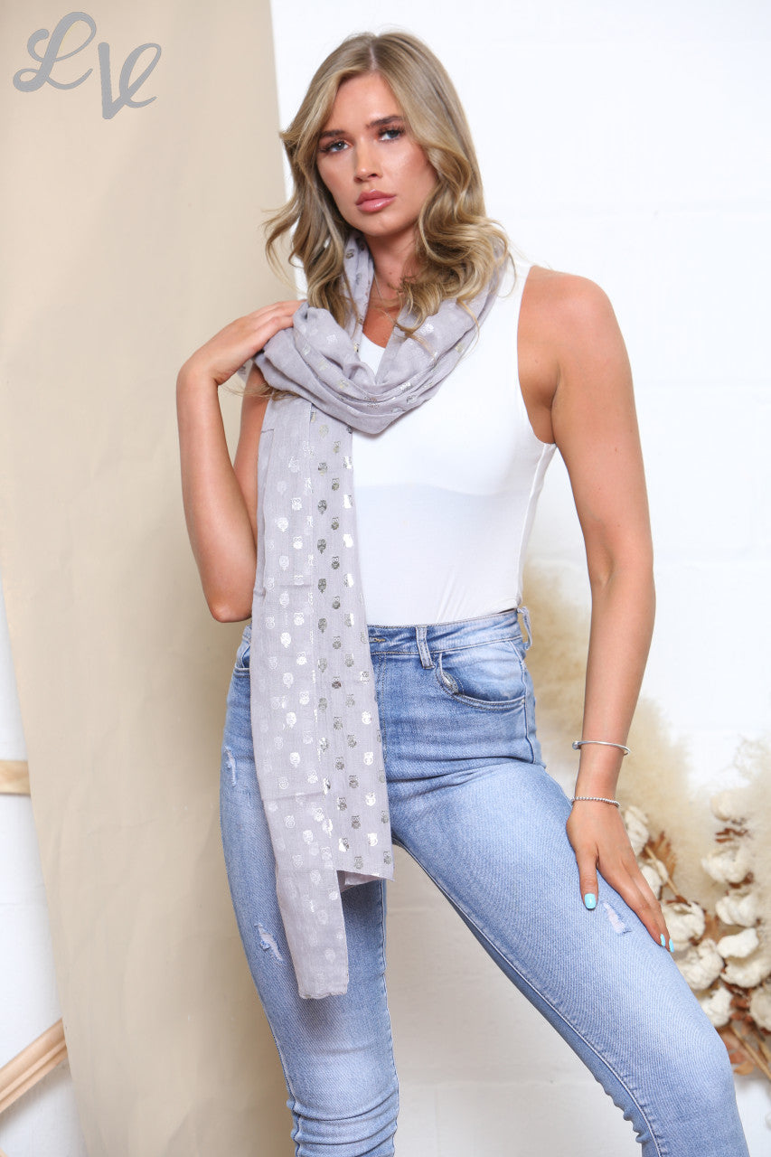 Ladies Grey Foil Owl Print Scarf