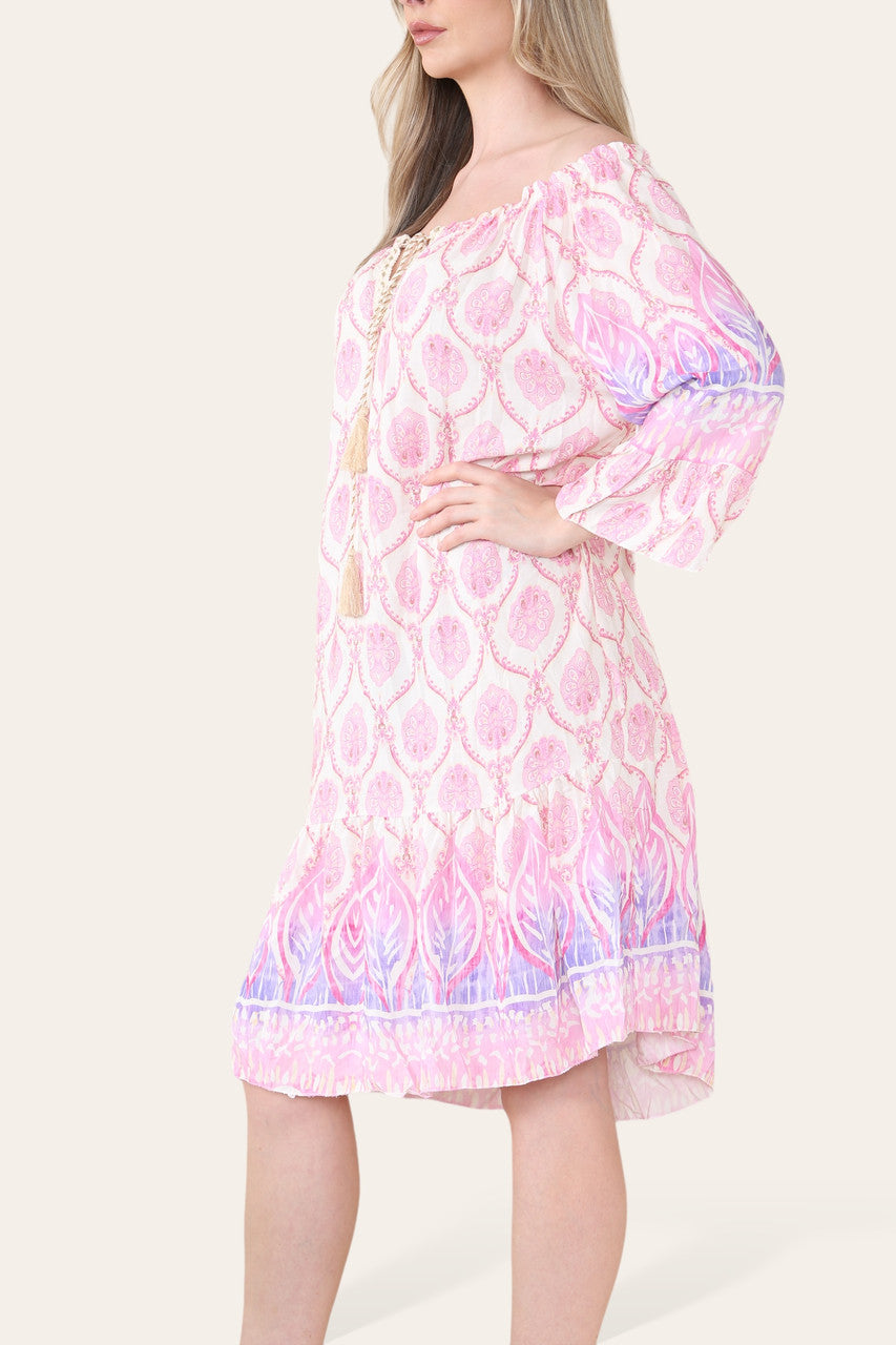 ART NOVEU PRINT BARDOT DRESS PINK