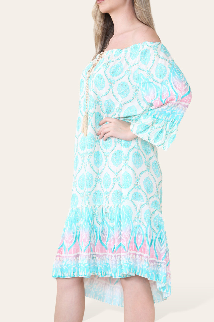 ART NOVEU PRINT BARDOT DRESS TURQUOISE