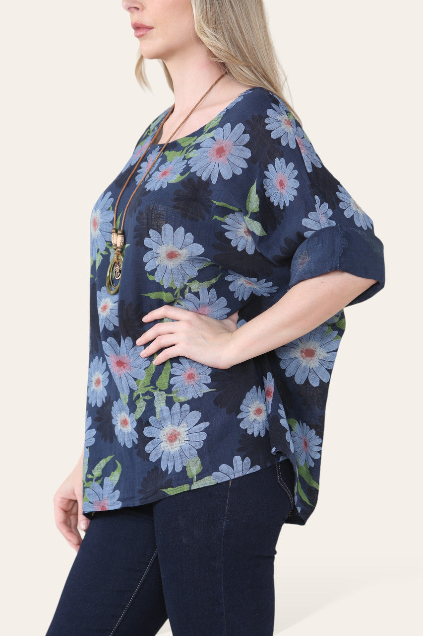 DAISY FLORAL PRINT TOP - NAVY
