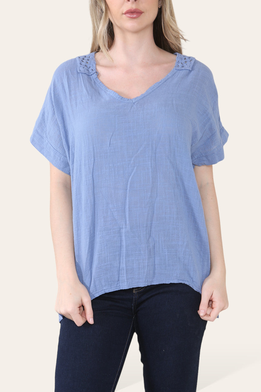CROCHET DETAIL BACK TOP DENIM