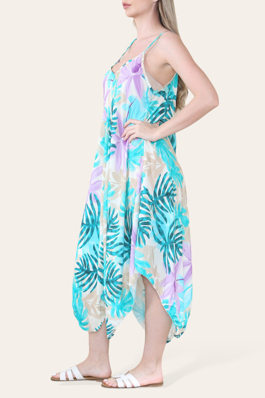 Jurk met Tropische Bladprint en Asymmetrische Zoom - Turkoois