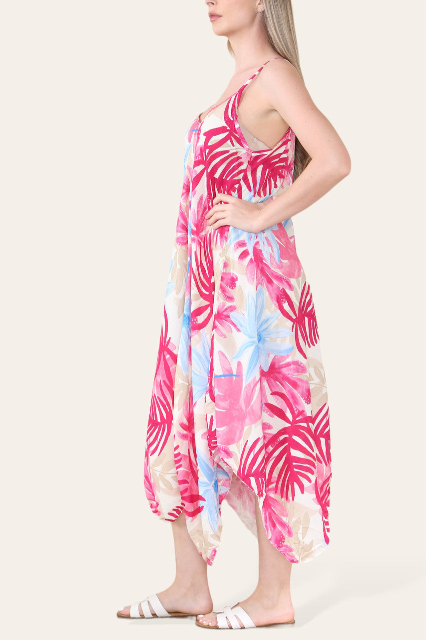 Tropical Leaf Print Hanky Hem Strappy Dress - Cerise