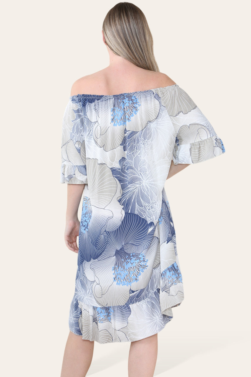 FLORALE BLADPRINT BARDOT MIDI GYPSY JURK STEENKLEURIG