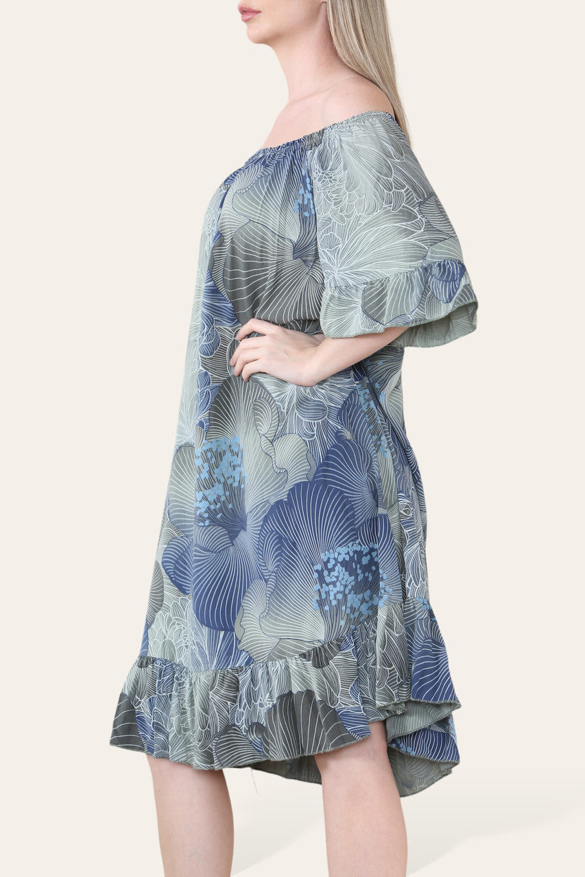 FLORAL LEAF OUTLINE PRINT BARDOT MIDI GYPSY DRESS KHAKI
