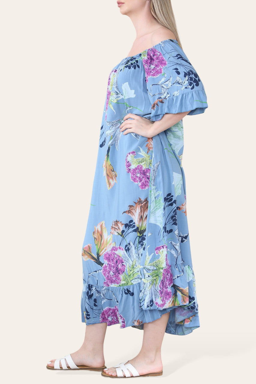 FLORAL BLAD SCHETS PRINT BARDOT MIDAXI ZIGEUNER JURK DENIM