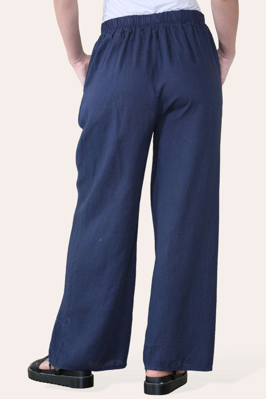 ELASTICATED WAIST COTTON LINEN TROUSERS NAVY