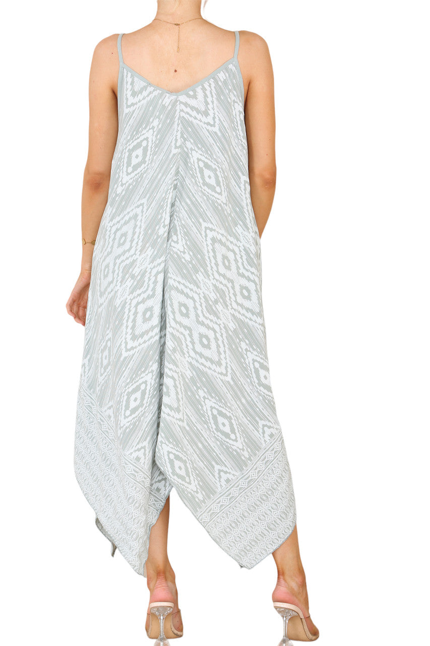 AZTEC PRINT HANKY HEM STRAPPY DRESS KHAKI
