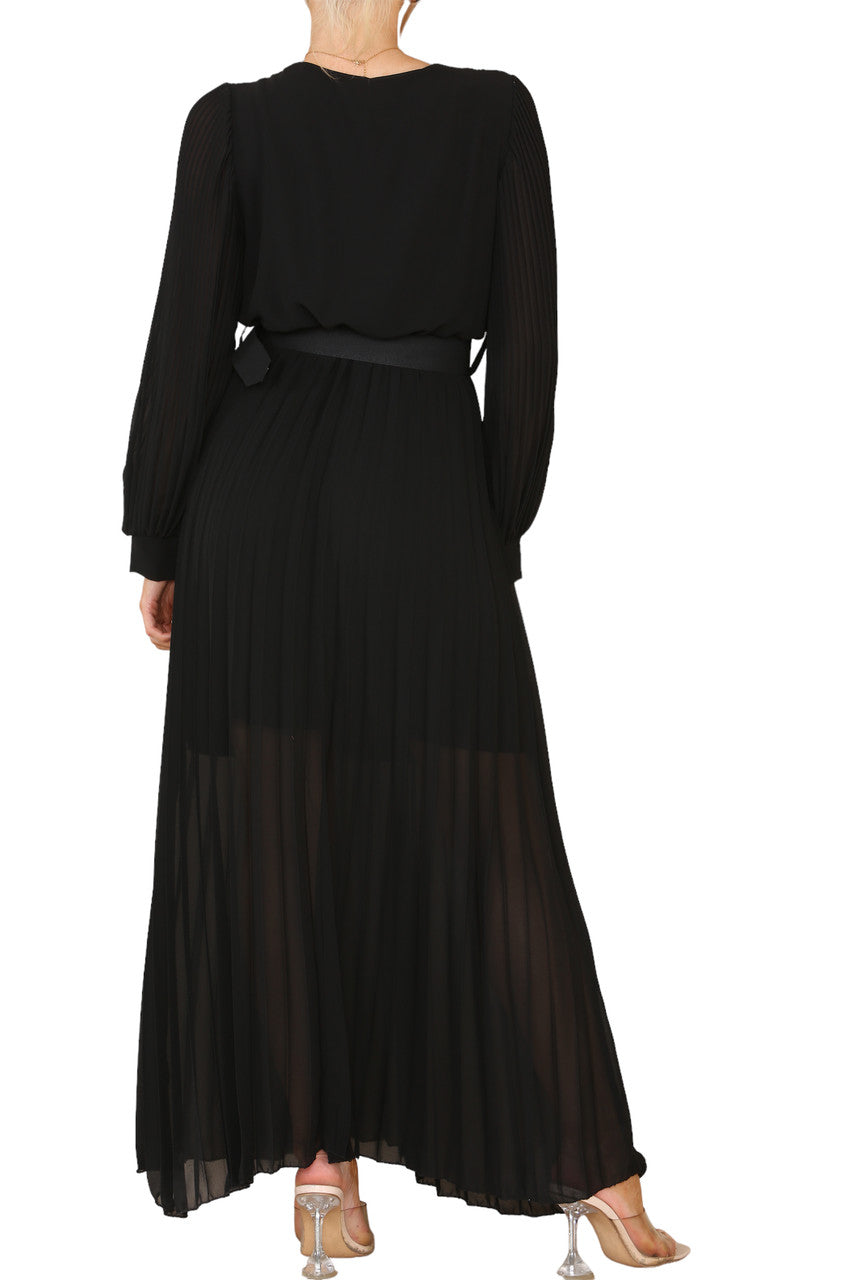 Ladies Pleated Wrap Style Maxi Dress With Belt Black