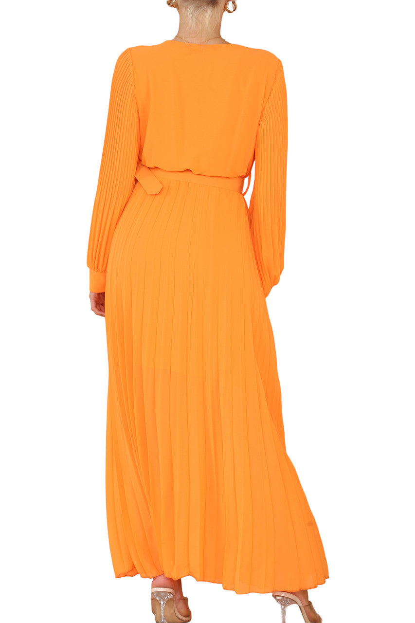 Ladies Pleated Wrap Style Maxi Dress With Belt Orange
