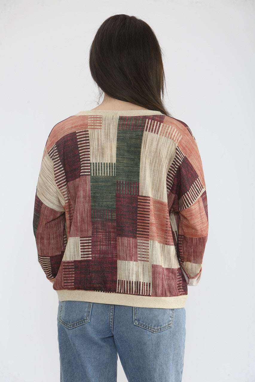 PATCHWORK LUREX PRINT CARDIGAN TOP - ROZE/BEIGE MIX