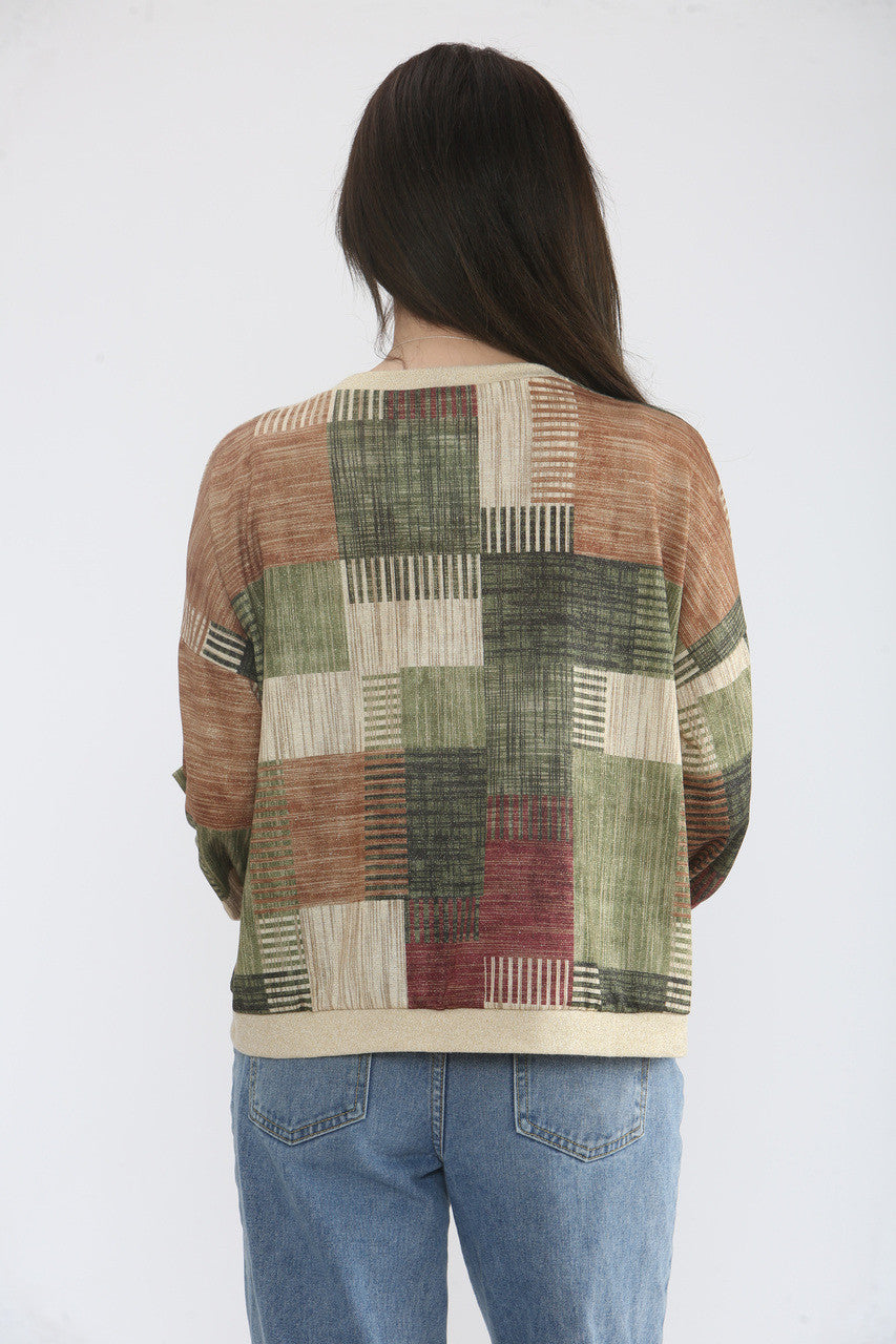 PATCHWORK LUREX PRINT CARDIGAN TOP- GREEN/BROWN MIX