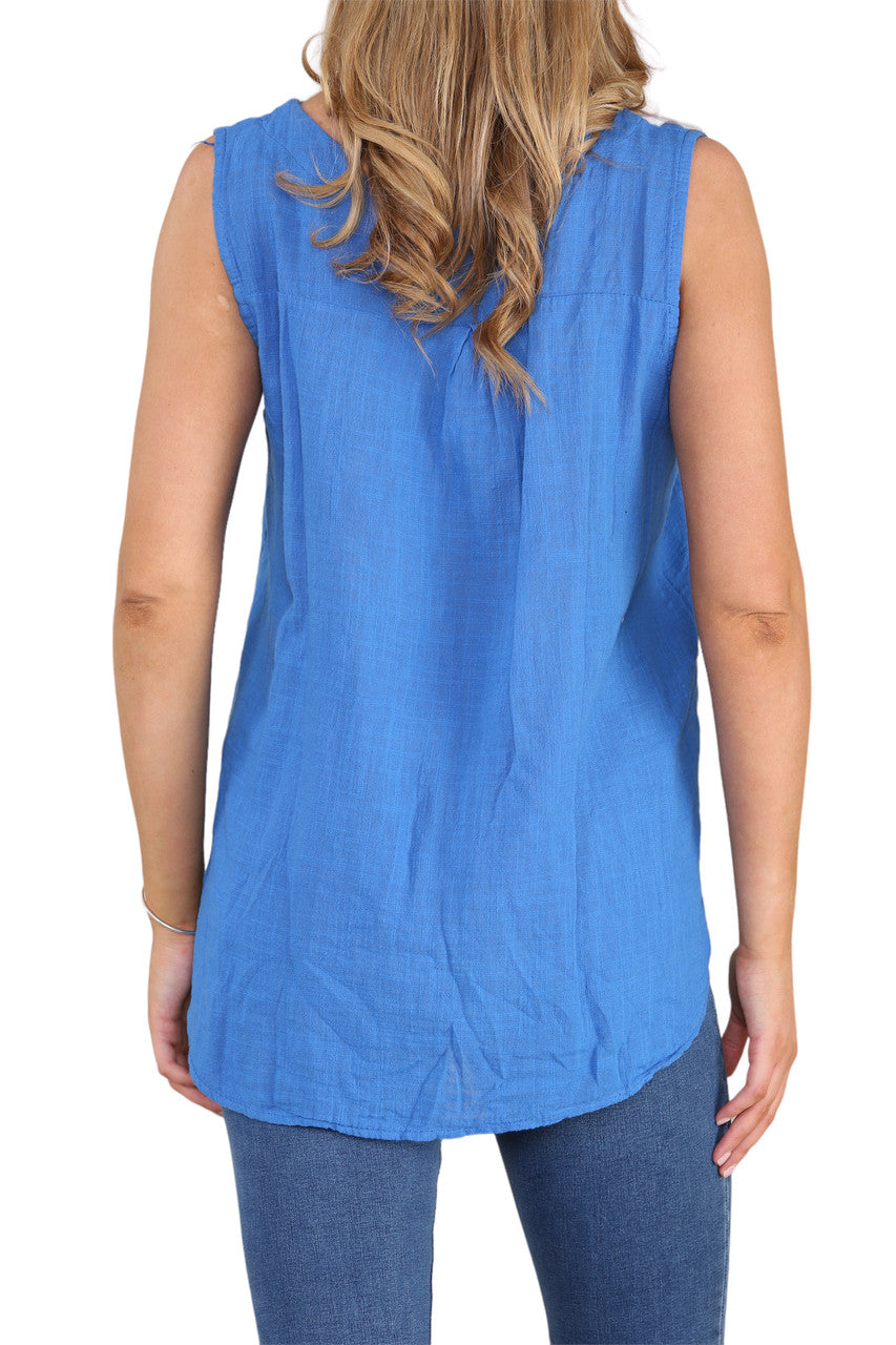Ladies Grandad Collar Sleeveless Top Royal Blue