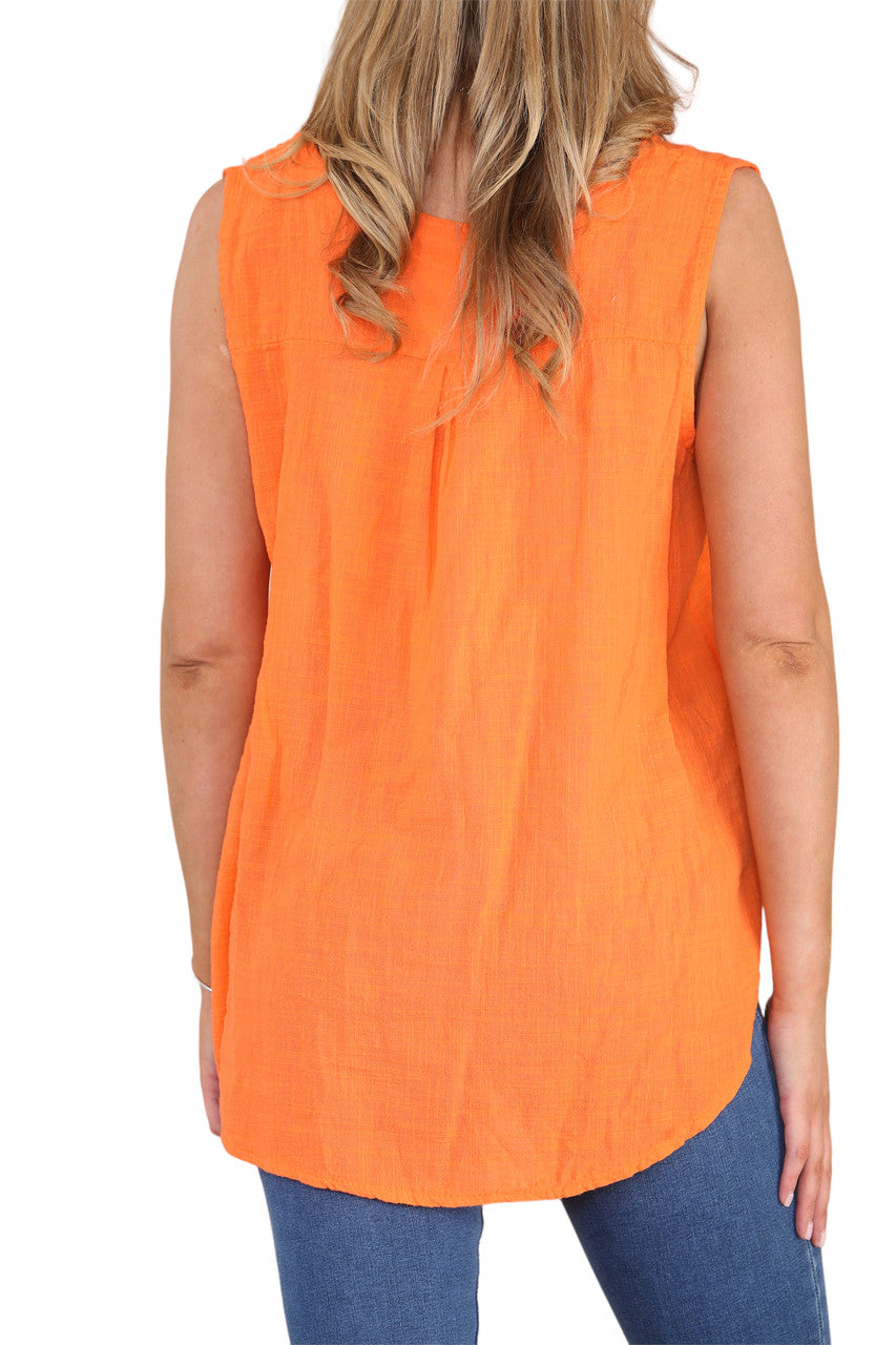 Ladies Grandad Collar Sleeveless Top Orange