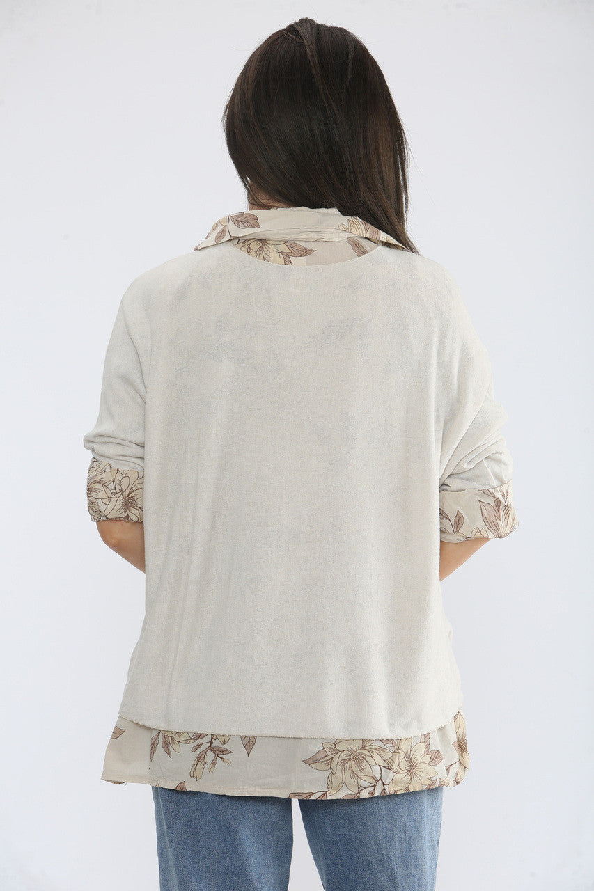 2-IN-1 BLOES MET BLOEMENPRINT, TRUI EN SJAAL - BEIGE