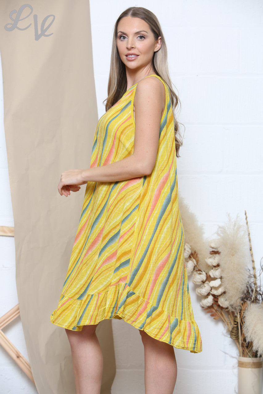 Dames Mouwloze Jurk met Strepenprint Mosterdgeel