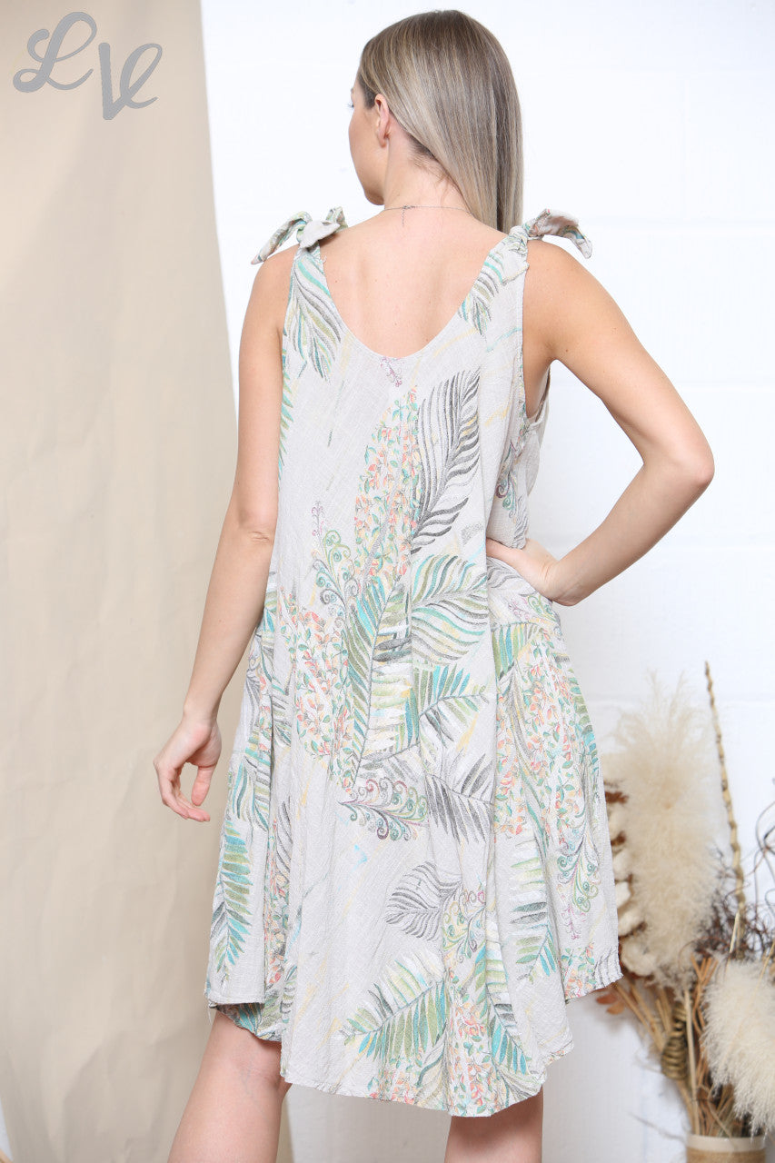 Ladies Tropical Leaf Print Sleeveless Summer Dress Stone