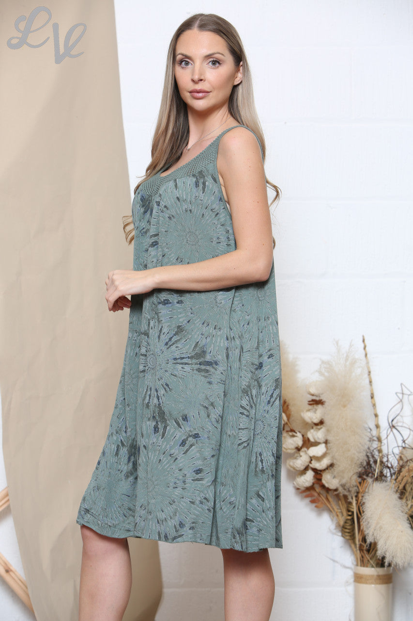 Ladies Abstract Print Sleeveless Swing Dress Khaki