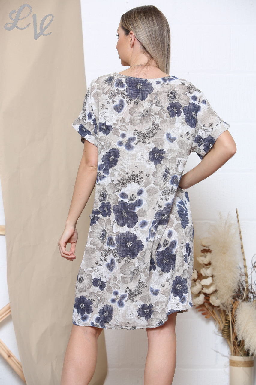 Damesjurk met bloemenprint, zakken en steenkleur
