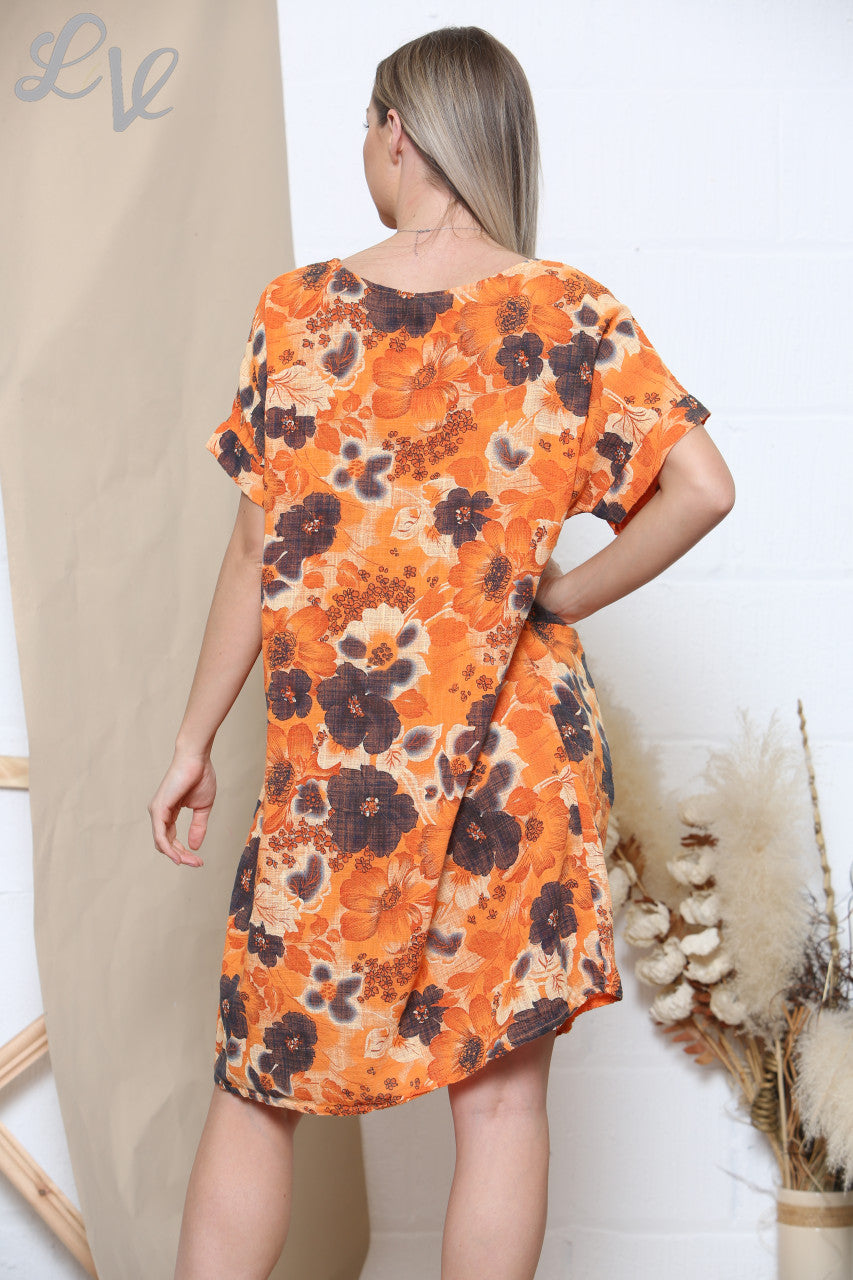 Ladies Floral Mix Print Pocket Dress Orange